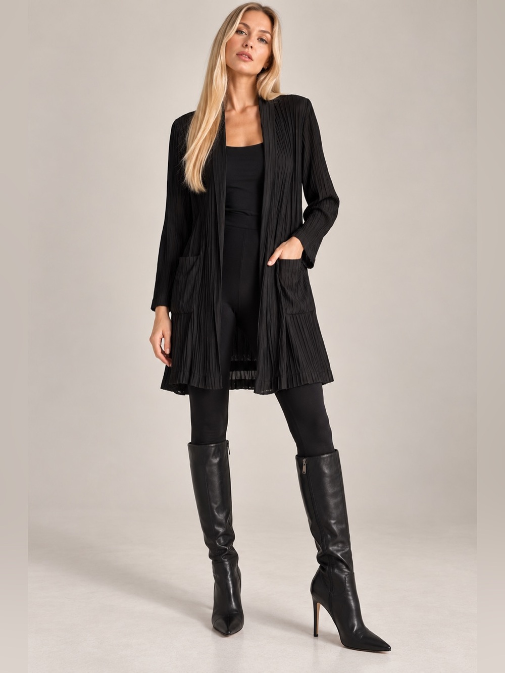 TWIST Black Pleated Open Front Long Jacket Cardigan Size 6